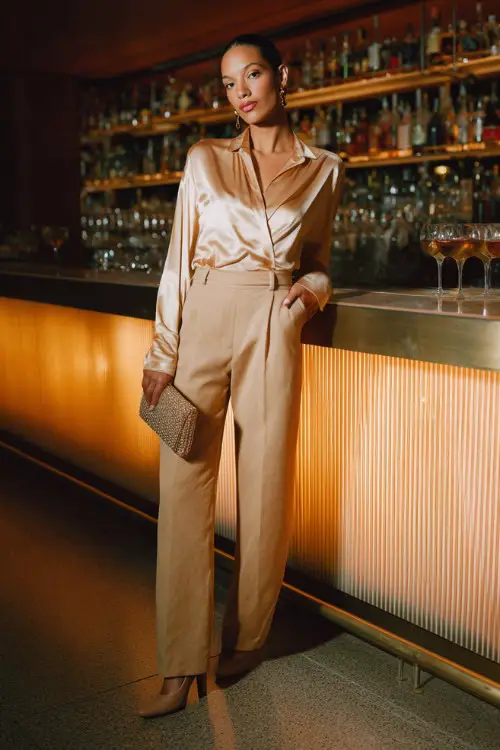 A chic woman wearing tailored straight-leg trousers with a silky wrap blouse tucked in and pointed heels