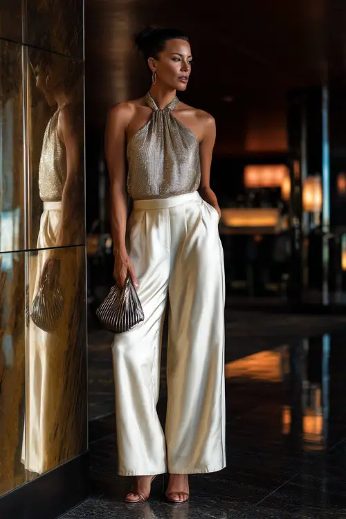 A chic woman wearing wide-leg satin trousers with a shimmering halter top and sleek stilettos, holding a metallic handbag, posing near a mirrored wall inside a glamorous club, full-body composition (