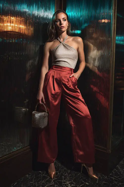 A chic woman wearing wide-leg satin trousers with a shimmering halter top and sleek stilettos, holding a metallic handbag, posing near a mirrored wall inside a glamorous club, full-body composition 