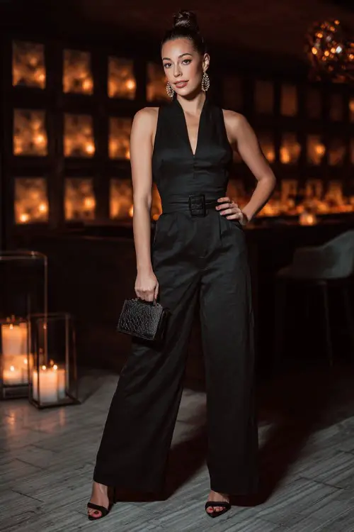 A classy woman wearing a sleek black jumpsuit with pointed heels and a structured mini handbag, accessorized with statement earrings 