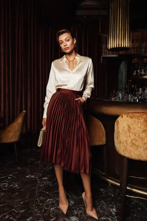 A confident woman wearing a high-waisted pleated midi skirt with a silky blouse tucked in and pointed heels, accessorized with delicate jewelry and a structured handbag
