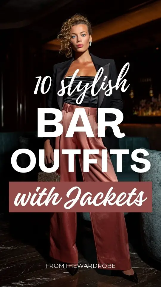 A confident woman wearing bar outfit with jacket, tailored wide-leg trousers, accessorized with a structured handbag and pointed heels