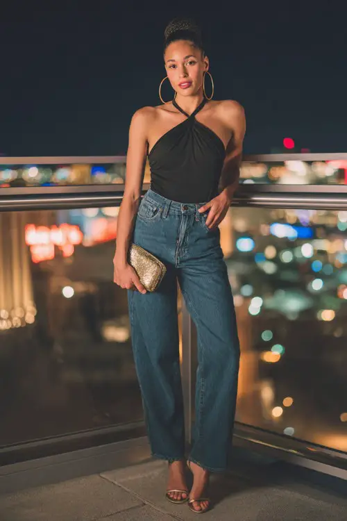 A confident woman wearing high-waisted straight-leg blue jeans with a sleek black halter top and strappy high heels, accessorized with bold hoop earrings and a small metallic clutch 