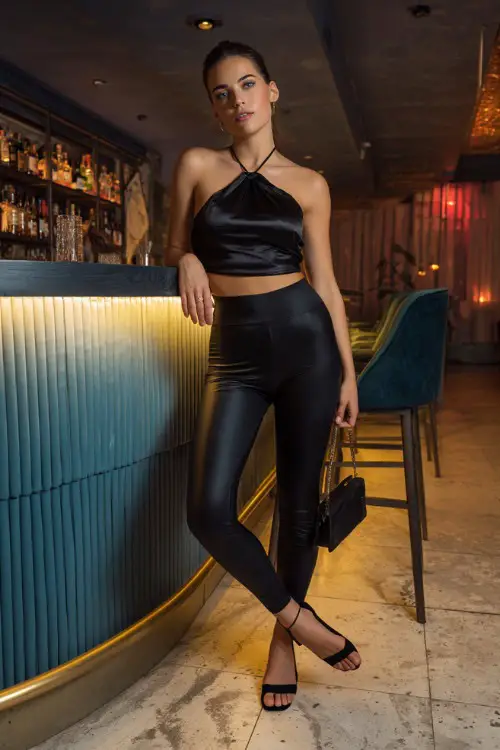 A confident woman wearing sleek leggings with a fitted satin top and strappy high heels, carrying a structured mini handbag while posing confidently inside a stylish cocktail bar