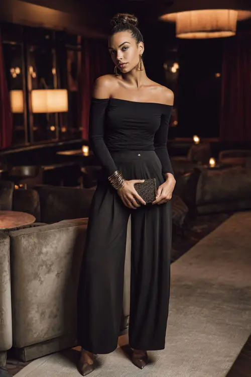 A confident woman wearing tailored wide-leg trousers with a fitted long-sleeve off-shoulder top and sleek heels, accessorized with layered bracelets and a structured clutch 