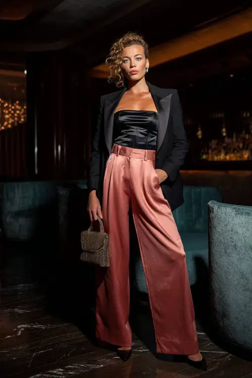A confident woman wearing tailored wide-leg trousers with a fitted satin top and a sleek blazer, accessorized with a structured handbag and pointed heels 