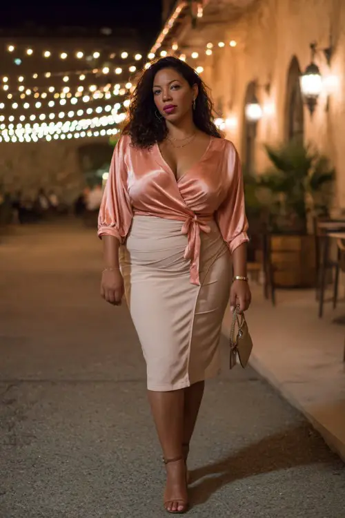 A fashionable plus-size woman wearing a satin wrap blouse with a fitted midi skirt and strappy heels, delicate jewelry and a mini shoulder bag
