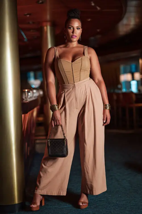 A fashionable plus-size woman wearing tailored wide-leg trousers with a fitted corset-style top and block heels, accessorized with layered bracelets and a structured handbag 