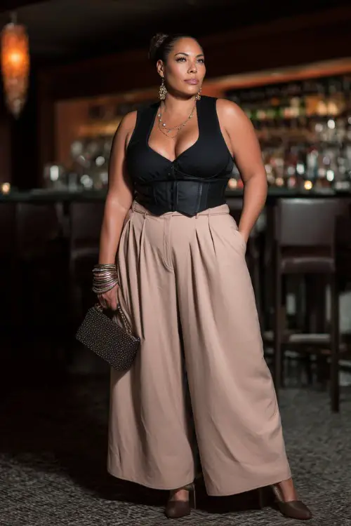 A fashionable plus-size woman wearing tailored wide-leg trousers with a fitted corset-style top and block heels, accessorized with layered bracelets and a structured handbag 