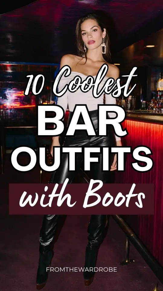 A fashionable woman wearing a bar outfit with boots, black leather leggings with a fitted off-shoulder top, accessorized with bold hoop earrings and a mini handbag