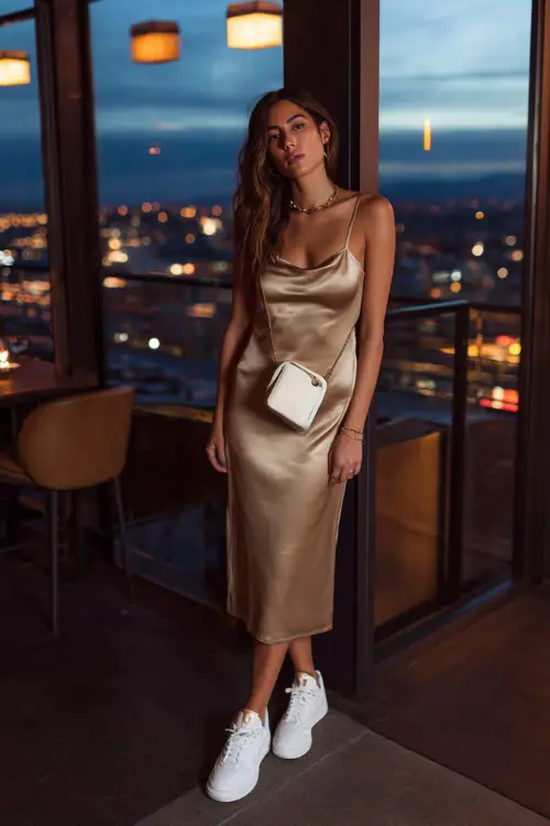 A fashionable woman wearing a satin slip midi dress paired with classic white sneakers, accessorized with a sleek crossbody bag and delicate jewelry