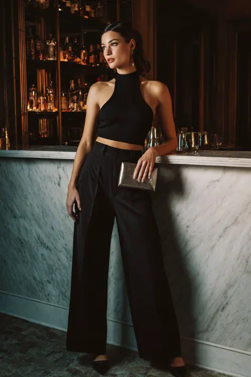 A fashionable woman wearing black wide-leg trousers with a fitted halter top and strappy heels, holding a metallic clutch while posing near a marble cocktail bar counter