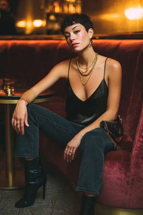 A fashionable woman wearing dark skinny jeans with a satin camisole and heeled ankle boots, layered gold necklaces and a mini shoulder bag