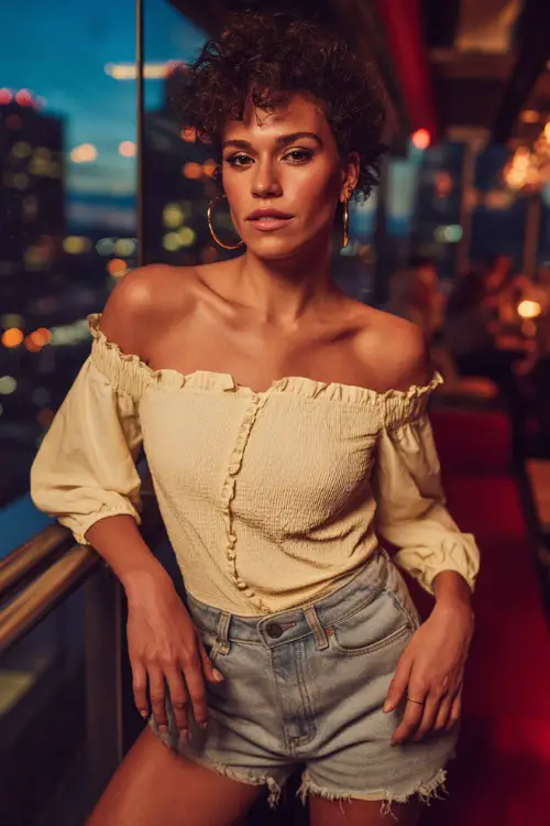 A fashionable woman wearing denim shorts with a fitted off-shoulder blouse and heeled sandals, accessorized with hoop earrings and a mini shoulder bag 