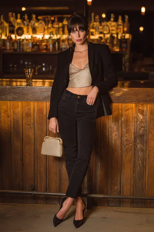 A fashionable woman wearing high-waisted black jeans with a cropped blazer and pointed-toe heels