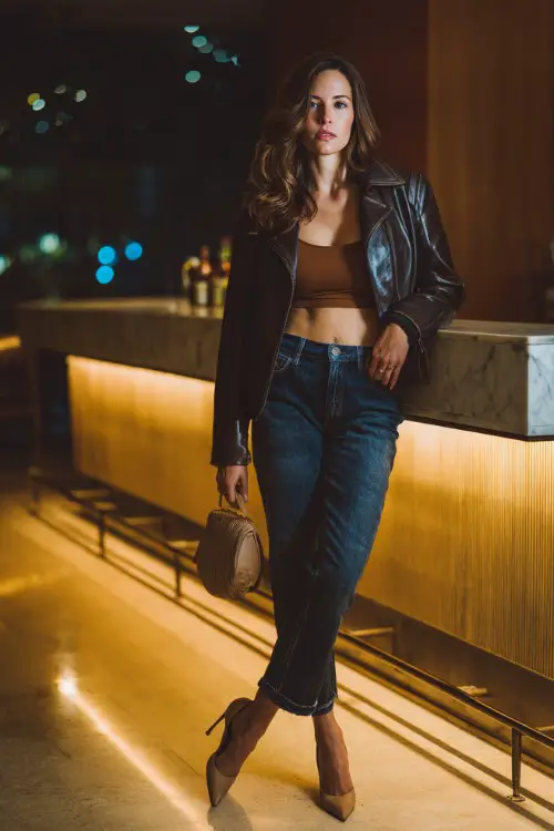 A fashionable woman wearing high-waisted dark jeans with a fitted crop top and a structured leather jacket, paired with pointed-toe heels and a mini shoulder bag 