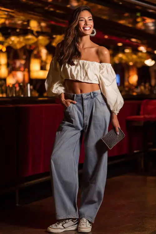 A fashionable woman wearing relaxed denim jeans with a fitted off-shoulder blouse and trendy sneakers, accessorized with hoop earrings and a sleek clutch