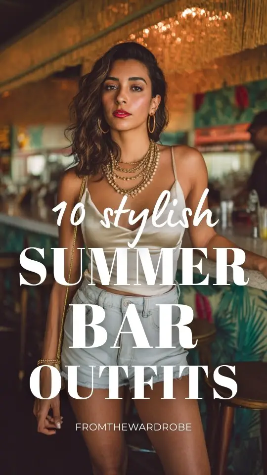 A fashionable woman wearing summer bar outfit with high-waisted denim shorts with a fitted satin cami and heeled sandals, layered necklaces and a mini shoulder bag