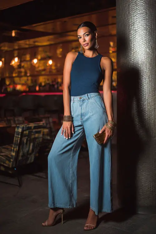 A fashionable woman wearing wide-leg jeans with a fitted sleeveless top and strappy heels, layered bracelets and a clutch bag
