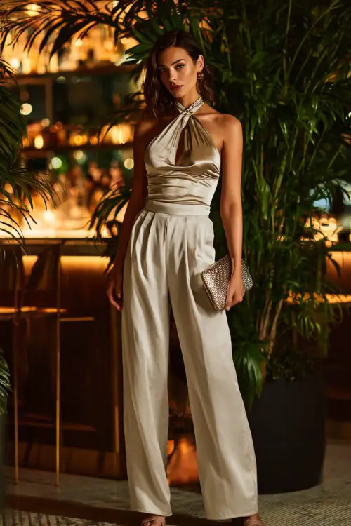 A fashionable woman wearing wide-leg lightweight pants with a silky halter top and sleek heels, holding a metallic clutch, standing inside a chic lounge bar with tropical plants and warm lighting 