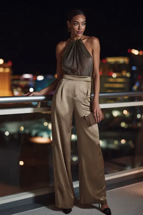 A fashionable woman wearing wide-leg satin trousers with a shimmering halter top and sleek stilettos, carrying a small clutch, standing near a rooftop bar railing with city skyline lights at night 
