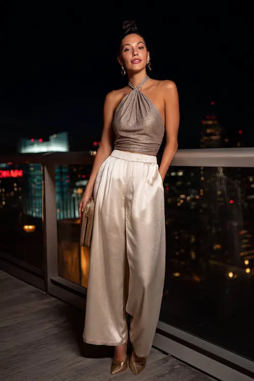 A fashionable woman wearing wide-leg satin trousers with a shimmering halter top and sleek stilettos, carrying a small clutch, standing near a rooftop bar railing with city skyline lights at night