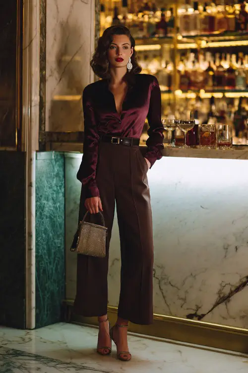 A glamorous woman wearing a fitted long-sleeve satin blouse with high-waisted trousers and strappy heels, accessorized with bold earrings and a structured mini handbag 