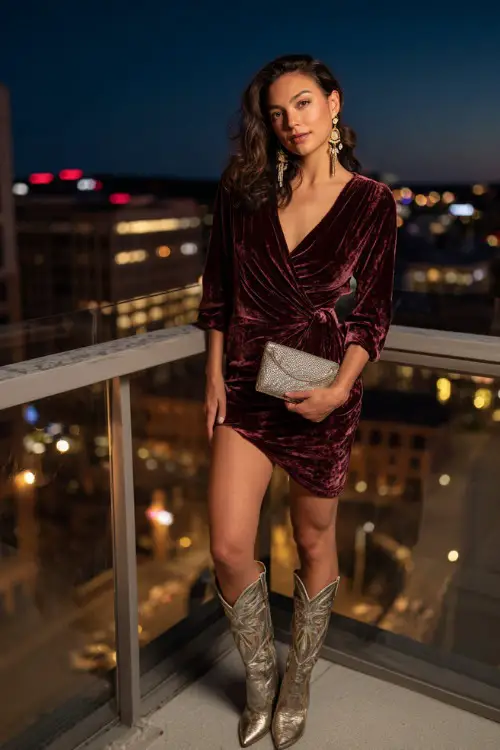 A glamorous woman wearing a velvet wrap dress paired with embroidered cowgirl boots, accessorized with statement earrings and a metallic clutch
