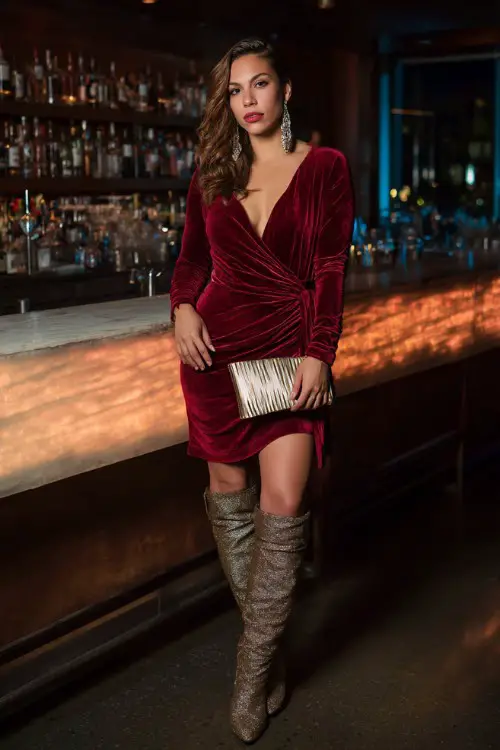 A glamorous woman wearing a velvet wrap dress with knee-high boots and statement earrings, holding a metallic clutch while standing near a glowing cocktail bar counter
