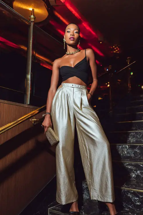 A glamorous woman wearing metallic wide-leg pants with a bold asymmetrical top and sleek high heels, accessorized with layered jewelry and a clutch