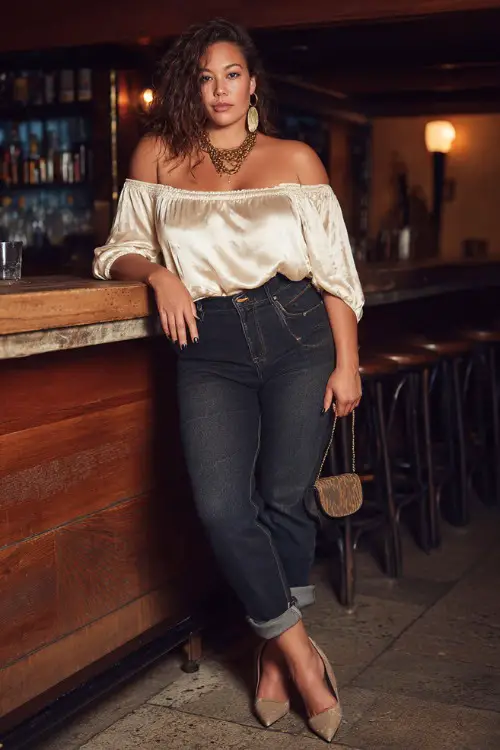 A stylish plus-size woman wearing high-waisted dark jeans with a silky off-shoulder blouse and pointed-toe heels, layered necklaces and a mini shoulder bag, posing near a wooden bar counter at night