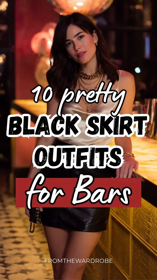 A stylish woman wearing a bar outfit with black skirt with a fitted satin camisole and strappy high heels