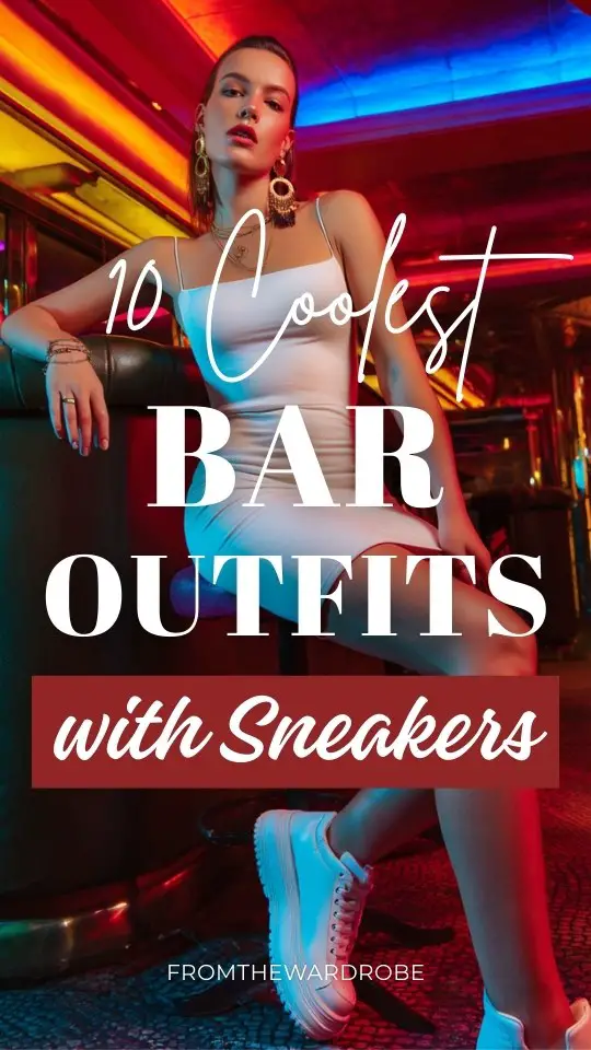 A stylish woman wearing a bar outfit with sneakers, a fitted bodycon midi dress, accessorized with bold earrings and a sleek clutch