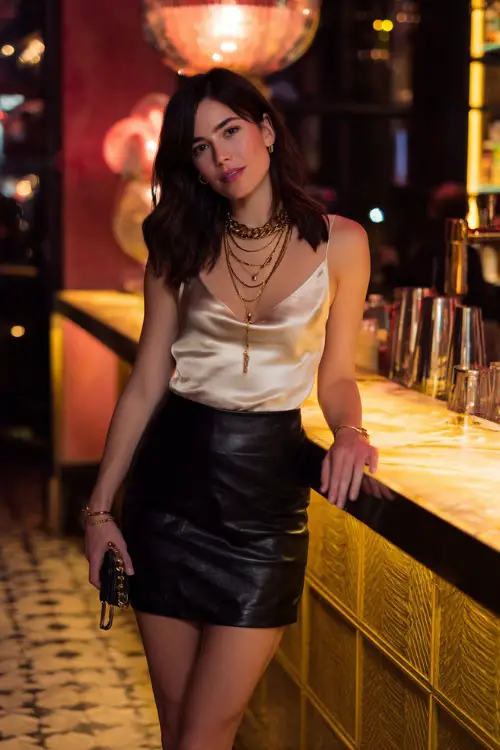 A stylish woman wearing a high-waisted black leather mini skirt with a fitted satin camisole and strappy high heels, accessorized with layered gold necklaces and a small clutch