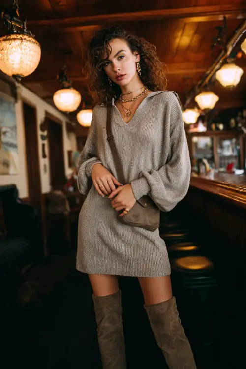 A stylish woman wearing a midi sweater dress with tall suede boots and a small crossbody bag, soft curls hairstyle and delicate jewelry