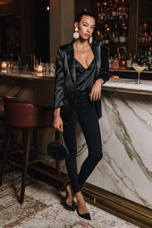 A stylish woman wearing black skinny jeans with a satin blazer and sleek stilettos, accessorized with bold earrings and a mini shoulder bag