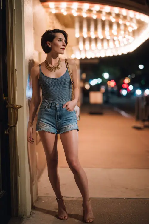 A stylish woman wearing classic blue denim shorts with a fitted tank top and sleek heels, layered necklaces and a crossbody bag 
