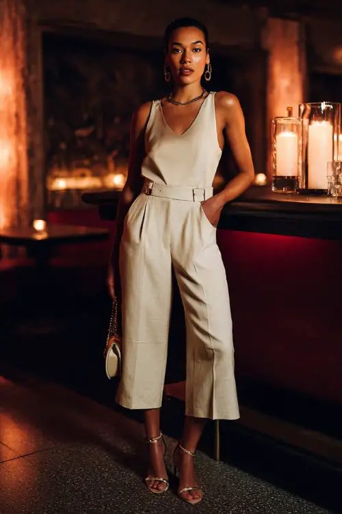 A stylish woman wearing cropped tailored pants with a sleeveless blouse and heeled sandals, accessorized with delicate jewelry and a crossbody bag