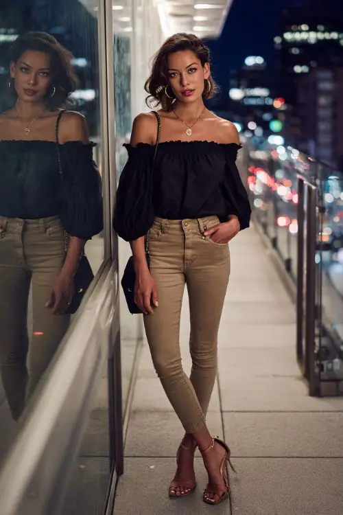 A stylish woman wearing dark skinny jeans with an off-shoulder blouse and heeled sandals, delicate jewelry and a mini shoulder bag, standing near a rooftop bar railing with city lights behind her