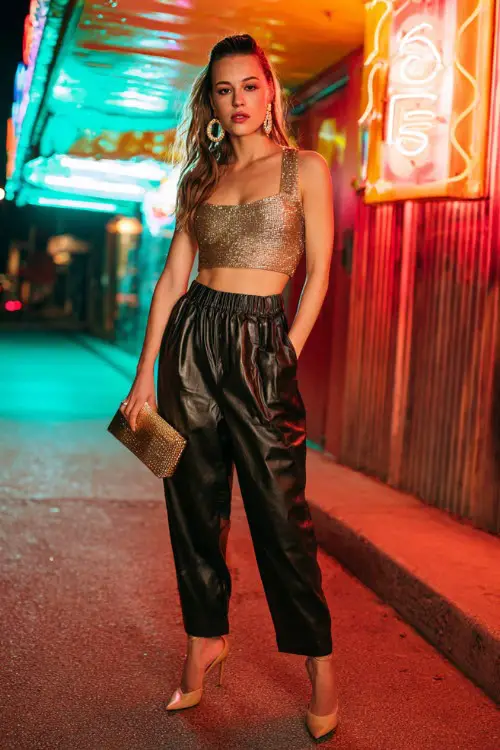 A stylish woman wearing high-waisted leather pants with a sparkly cropped top and pointed heels, accessorized with hoop earrings and a metallic clutch, posing under colorful LED club lights 