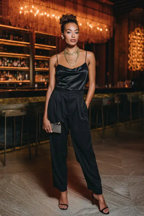 A stylish woman wearing high-waisted tailored black pants with a satin camisole and strappy high heels, accessorized with layered gold necklaces and a sleek clutch