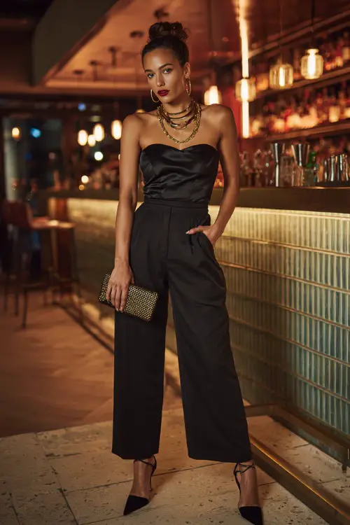 A stylish woman wearing high-waisted tailored black pants with a satin camisole and strappy high heels, accessorized with layered gold necklaces and a sleek clutch