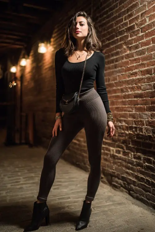 A stylish woman wearing ribbed leggings with a fitted long-sleeve top and heeled ankle boots, accessorized with layered bracelets and a small crossbody bag