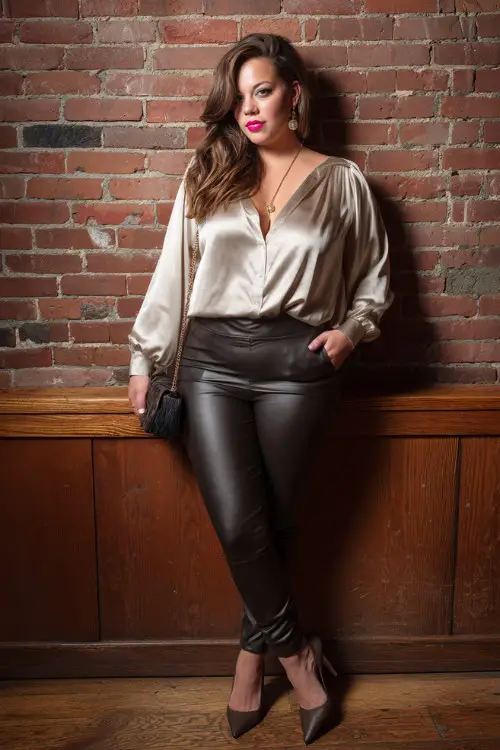 A trendy plus-size woman wearing leather leggings with an oversized silky blouse slightly tucked in and pointed heels, bold makeup and a small crossbody bag, posing inside a rustic brick-wall bar 