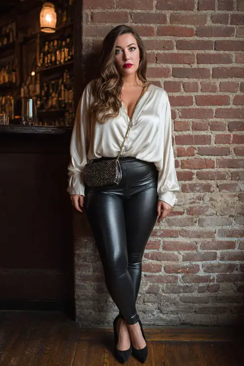 A trendy plus-size woman wearing leather leggings with an oversized silky blouse slightly tucked in and pointed heels, bold makeup and a small crossbody bag, posing inside a rustic brick-wall bar