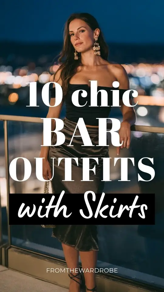 A trendy woman wearing a bar outfit with skirt with a fitted off-shoulder top and strappy heels