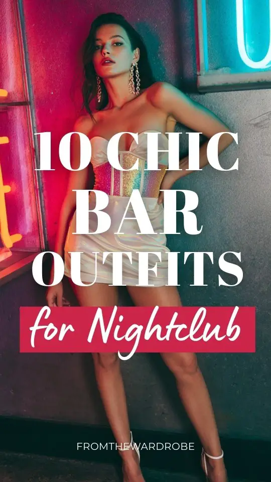 A trendy woman wearing a bar outfits for night club with a sparkly mini skirt with a fitted corset top and ankle-strap heels, accessorized with bold earrings