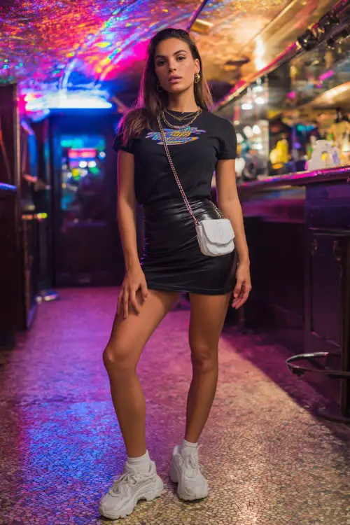 A trendy woman wearing a black mini skirt with a fitted graphic tee and chunky sneakers, accessorized with hoop earrings and a mini handbag