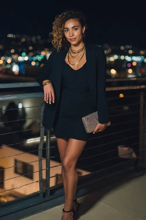 A trendy woman wearing a fitted bodycon mini dress with an oversized blazer and ankle-strap heels, accessorized with layered necklaces and a metallic clutch