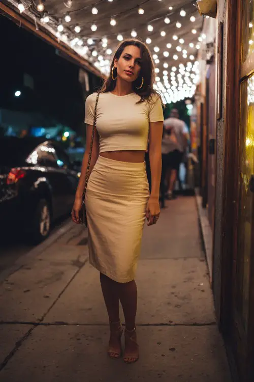 A trendy woman wearing a fitted midi skirt with a simple tucked-in tee and ankle-strap heels, accessorized with hoop earrings and a crossbody bag